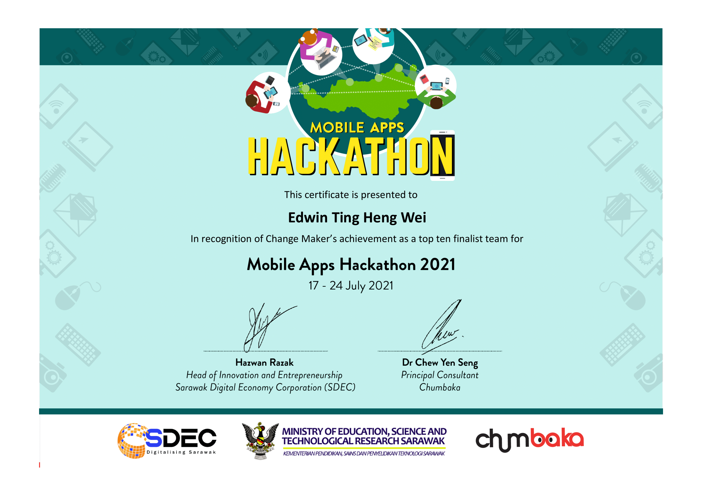 First Runner-up Team in Mobile Apps Hackathon 2021 by Chumbaka
