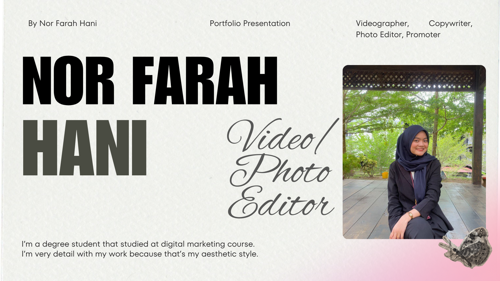 Nor Farah Hani – Digital Content Creator & Marketing Enthusiast Specializing in Video Editing, Copywriting, Promotion & Sales Engagement