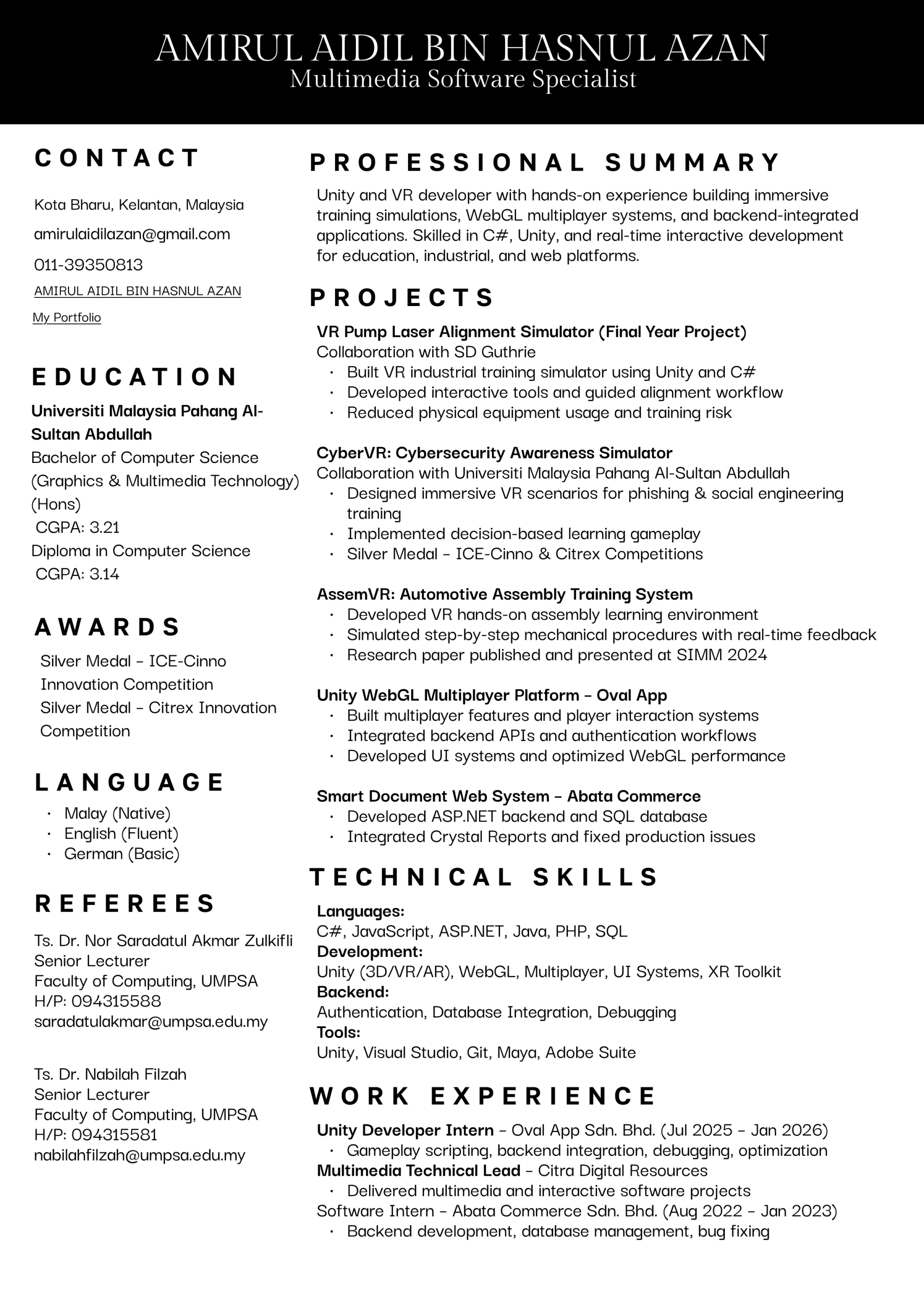 AR/VR/Game Developer/Multimedia Specialist